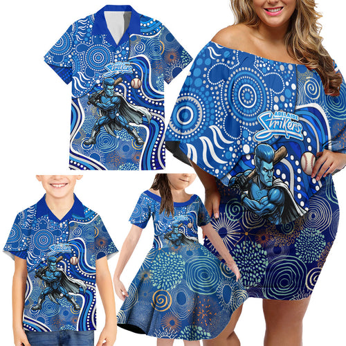 Adelaide Strikers Family Matching Off Shoulder Short Dress and Hawaiian Shirt Indigenous Dot Art Superhero Batter Tribal Pattern