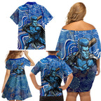 Adelaide Strikers Family Matching Off Shoulder Short Dress and Hawaiian Shirt Indigenous Dot Art Superhero Batter Tribal Pattern