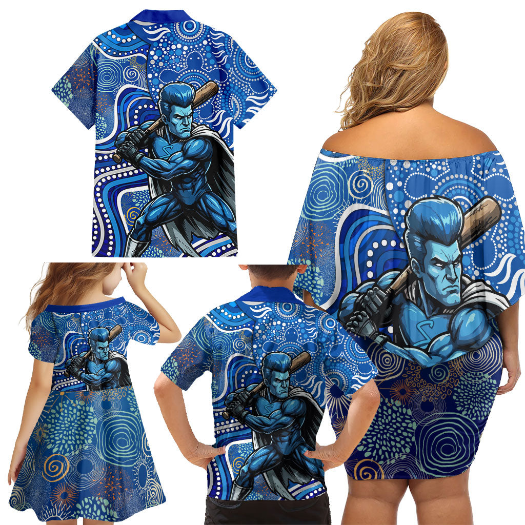 Adelaide Strikers Family Matching Off Shoulder Short Dress and Hawaiian Shirt Indigenous Dot Art Superhero Batter Tribal Pattern