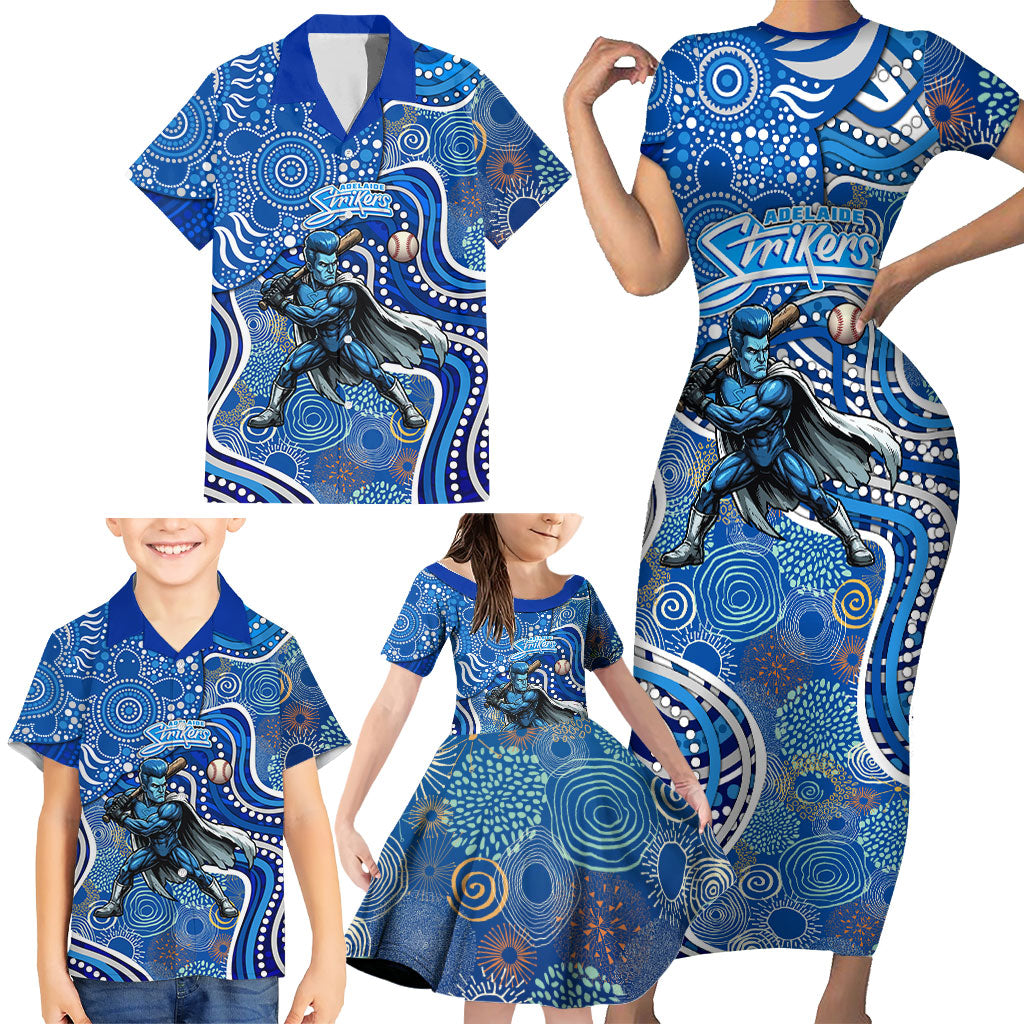 Adelaide Strikers Family Matching Short Sleeve Bodycon Dress and Hawaiian Shirt Indigenous Dot Art Superhero Batter Tribal Pattern
