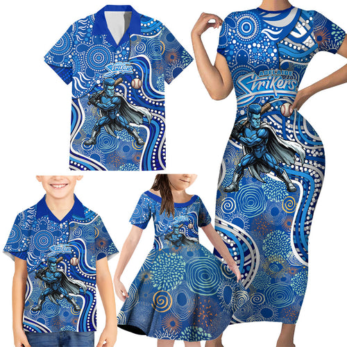 Adelaide Strikers Family Matching Short Sleeve Bodycon Dress and Hawaiian Shirt Indigenous Dot Art Superhero Batter Tribal Pattern
