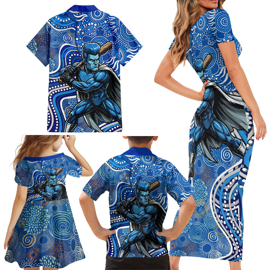 Adelaide Strikers Family Matching Short Sleeve Bodycon Dress and Hawaiian Shirt Indigenous Dot Art Superhero Batter Tribal Pattern