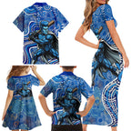 Adelaide Strikers Family Matching Short Sleeve Bodycon Dress and Hawaiian Shirt Indigenous Dot Art Superhero Batter Tribal Pattern