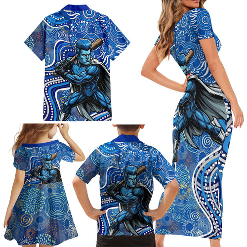 Adelaide Strikers Family Matching Short Sleeve Bodycon Dress and Hawaiian Shirt Indigenous Dot Art Superhero Batter Tribal Pattern