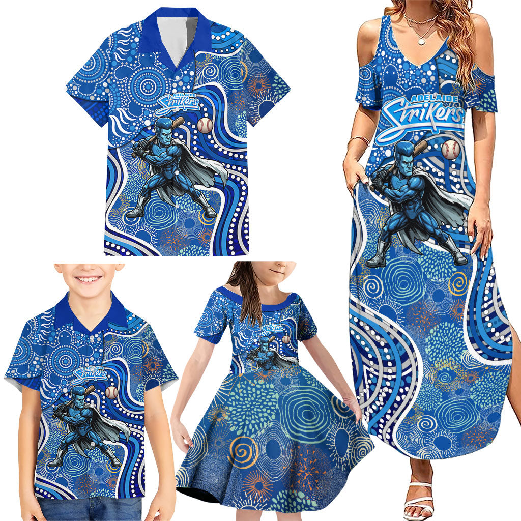 Adelaide Strikers Family Matching Summer Maxi Dress and Hawaiian Shirt Indigenous Dot Art Superhero Batter Tribal Pattern