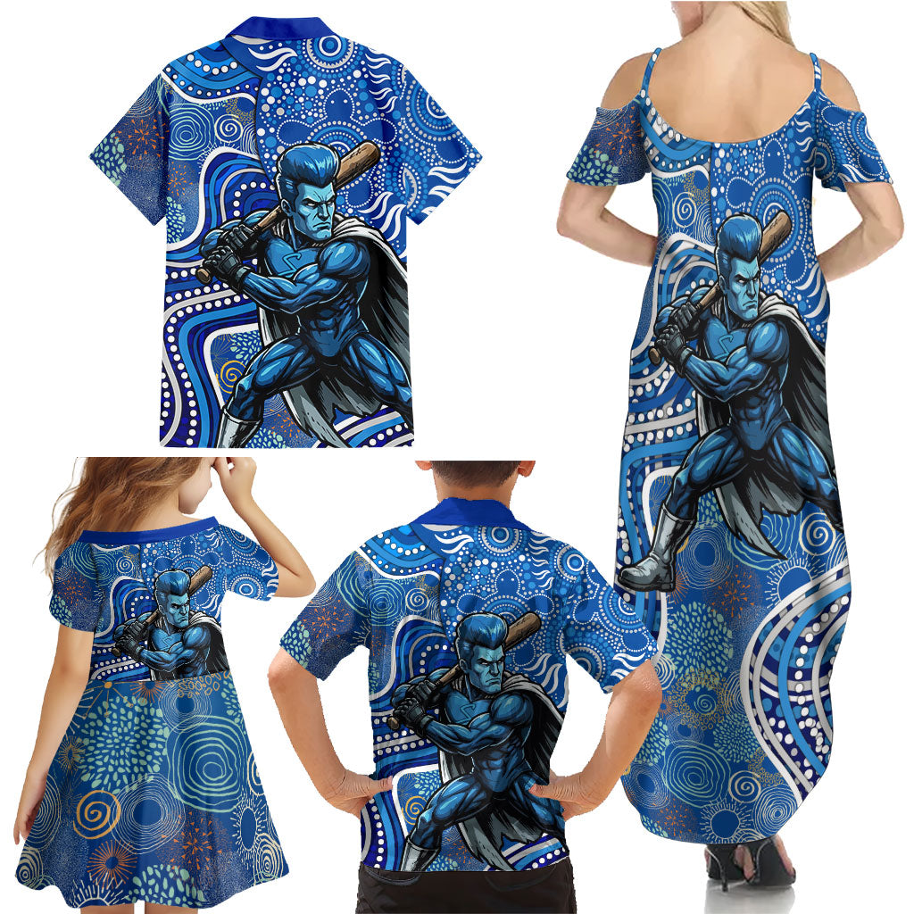 Adelaide Strikers Family Matching Summer Maxi Dress and Hawaiian Shirt Indigenous Dot Art Superhero Batter Tribal Pattern
