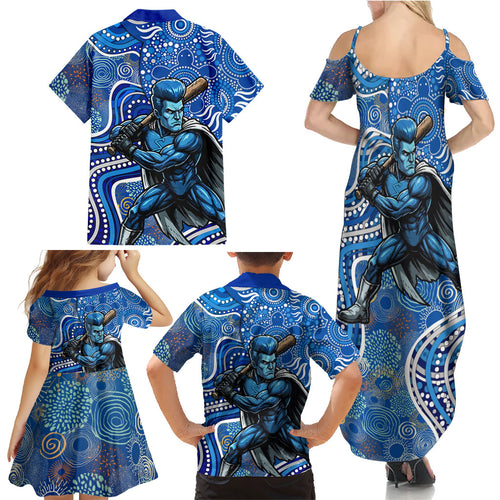 Adelaide Strikers Family Matching Summer Maxi Dress and Hawaiian Shirt Indigenous Dot Art Superhero Batter Tribal Pattern