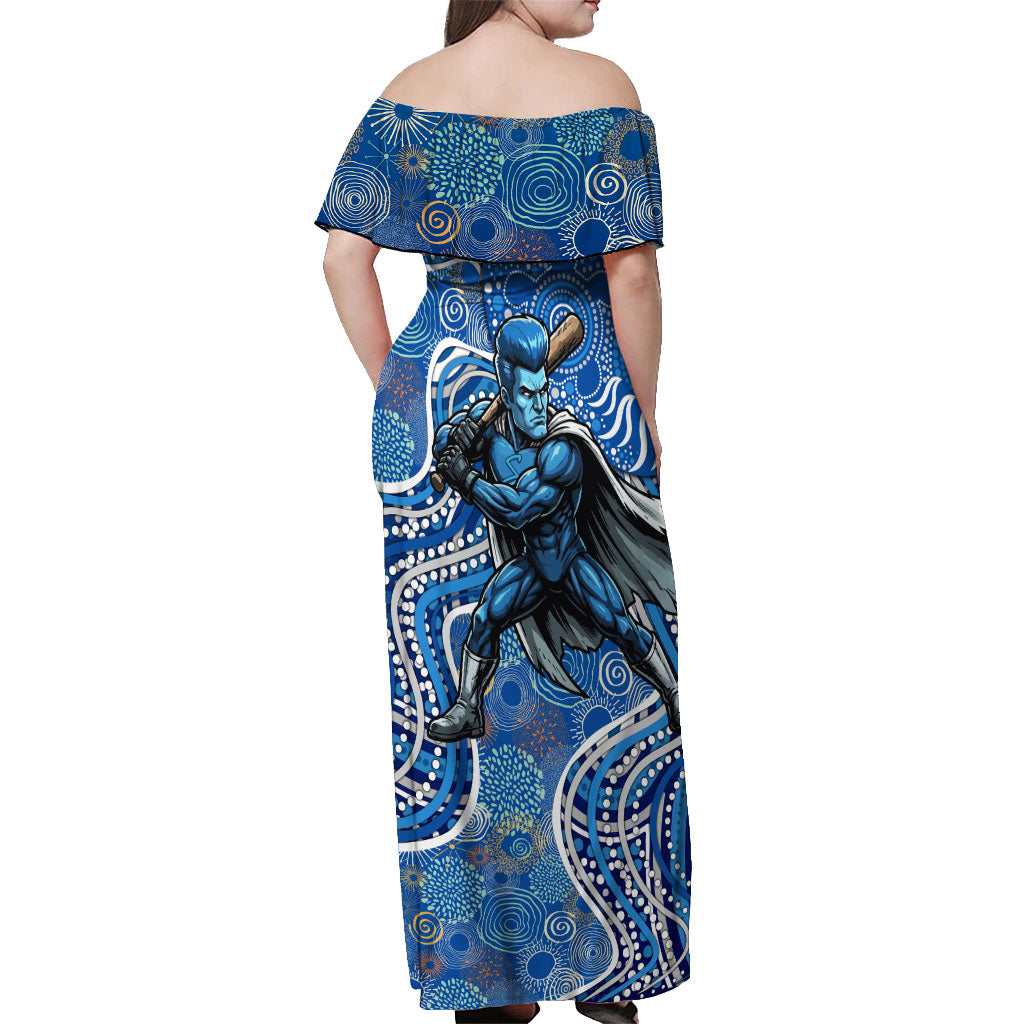 Adelaide Strikers Off Shoulder Maxi Dress Indigenous Dot Art Superhero Batter Tribal Pattern