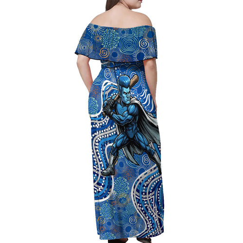 Adelaide Strikers Off Shoulder Maxi Dress Indigenous Dot Art Superhero Batter Tribal Pattern