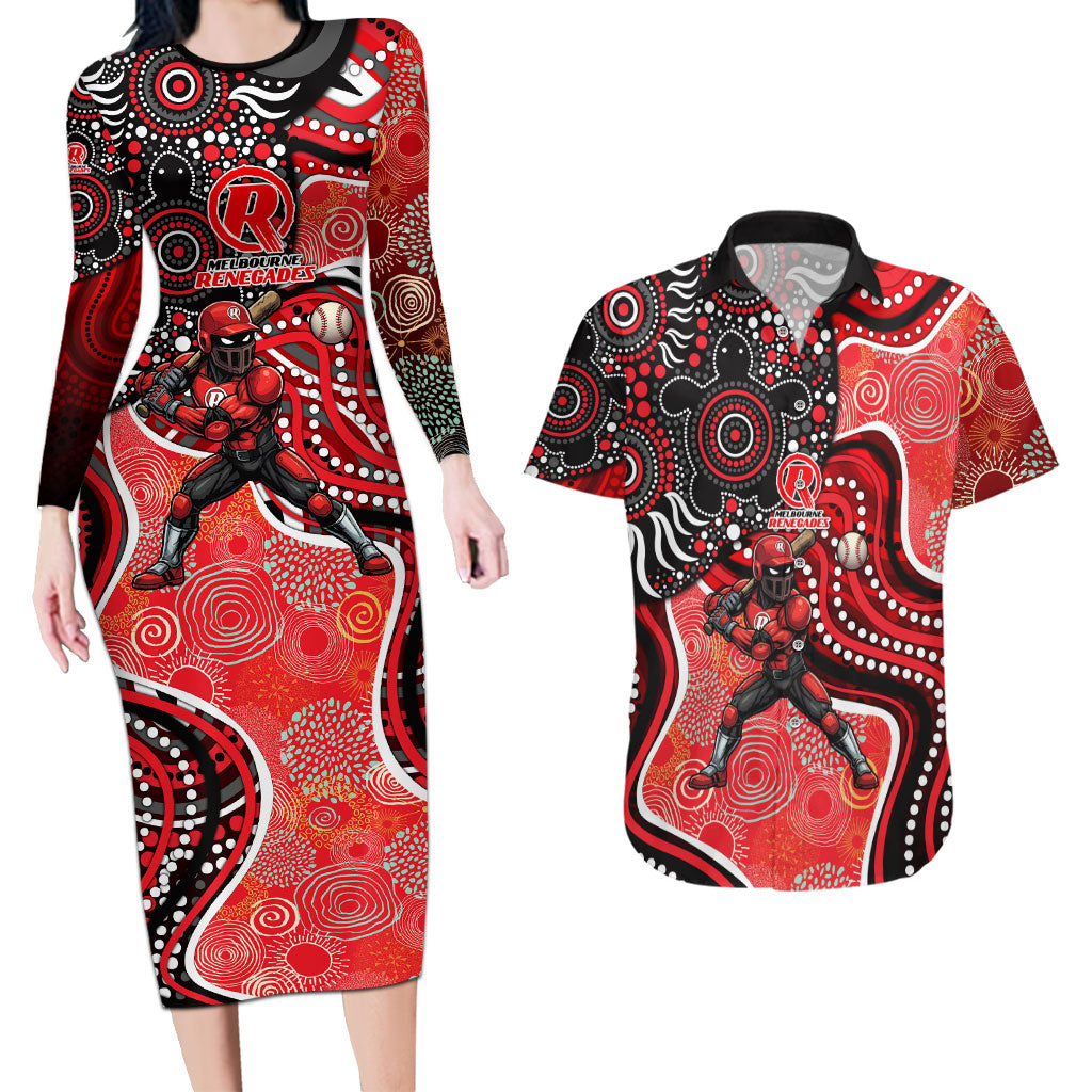 Melbourne Renegades Couples Matching Long Sleeve Bodycon Dress and Hawaiian Shirt Indigenous Dot Art Superhero Batter Tribal Pattern