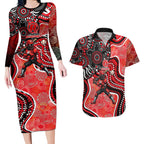Melbourne Renegades Couples Matching Long Sleeve Bodycon Dress and Hawaiian Shirt Indigenous Dot Art Superhero Batter Tribal Pattern
