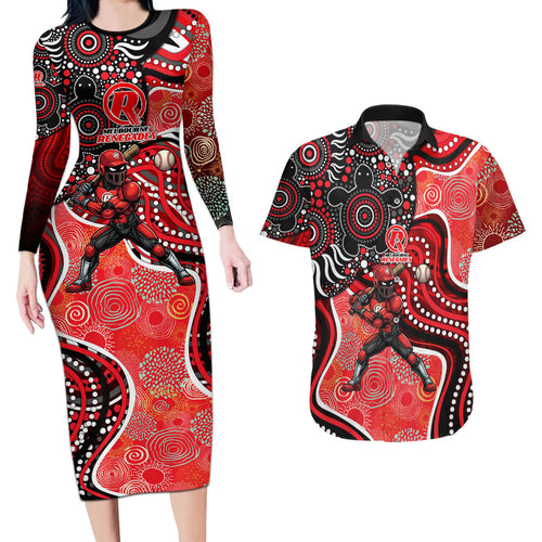 Melbourne Renegades Couples Matching Long Sleeve Bodycon Dress and Hawaiian Shirt Indigenous Dot Art Superhero Batter Tribal Pattern