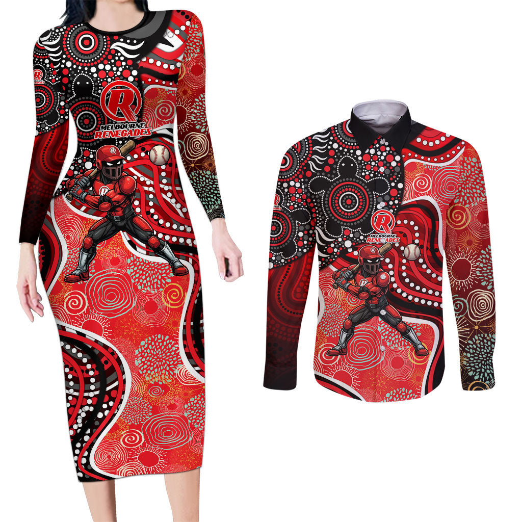 Melbourne Renegades Couples Matching Long Sleeve Bodycon Dress and Long Sleeve Button Shirt Indigenous Dot Art Superhero Batter Tribal Pattern
