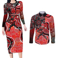 Melbourne Renegades Couples Matching Long Sleeve Bodycon Dress and Long Sleeve Button Shirt Indigenous Dot Art Superhero Batter Tribal Pattern