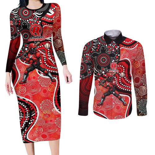 Melbourne Renegades Couples Matching Long Sleeve Bodycon Dress and Long Sleeve Button Shirt Indigenous Dot Art Superhero Batter Tribal Pattern