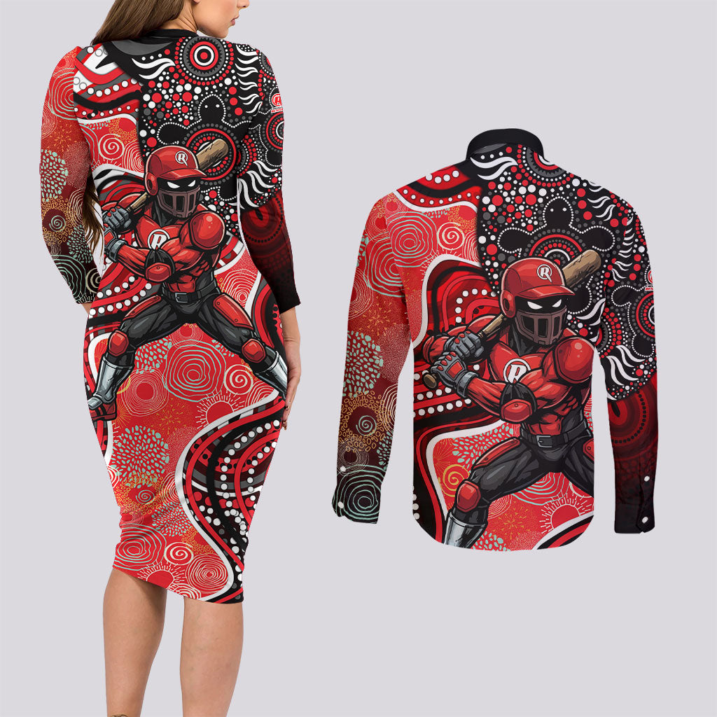Melbourne Renegades Couples Matching Long Sleeve Bodycon Dress and Long Sleeve Button Shirt Indigenous Dot Art Superhero Batter Tribal Pattern