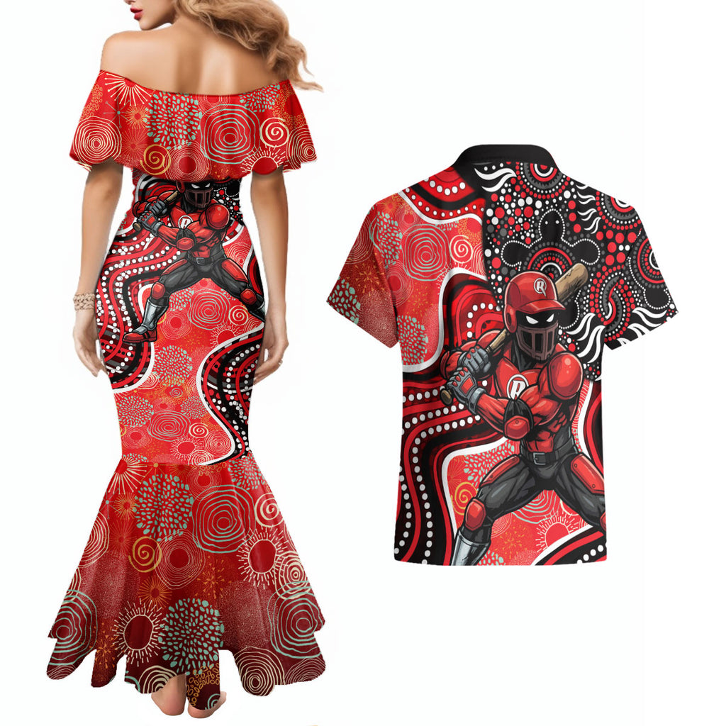 Melbourne Renegades Couples Matching Mermaid Dress and Hawaiian Shirt Indigenous Dot Art Superhero Batter Tribal Pattern
