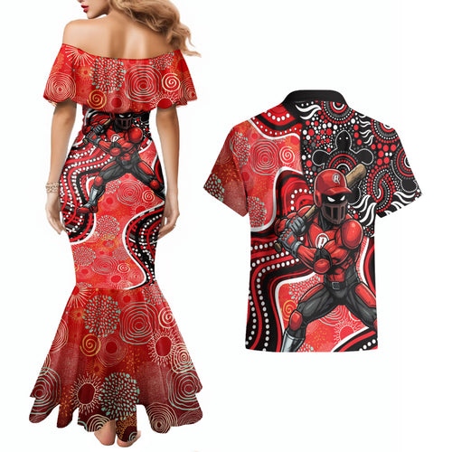 Melbourne Renegades Couples Matching Mermaid Dress and Hawaiian Shirt Indigenous Dot Art Superhero Batter Tribal Pattern
