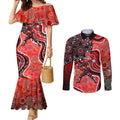 Melbourne Renegades Couples Matching Mermaid Dress and Long Sleeve Button Shirt Indigenous Dot Art Superhero Batter Tribal Pattern