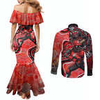 Melbourne Renegades Couples Matching Mermaid Dress and Long Sleeve Button Shirt Indigenous Dot Art Superhero Batter Tribal Pattern
