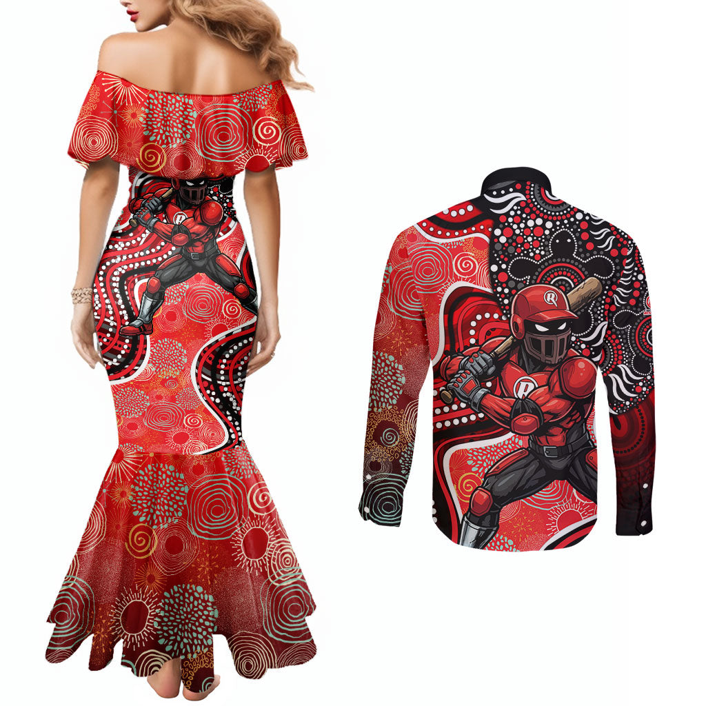 Melbourne Renegades Couples Matching Mermaid Dress and Long Sleeve Button Shirt Indigenous Dot Art Superhero Batter Tribal Pattern
