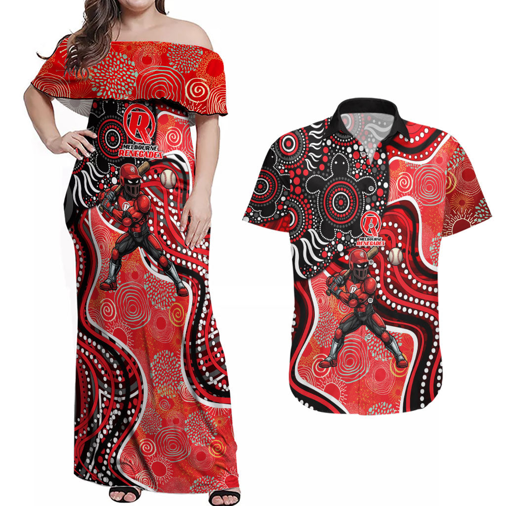 Melbourne Renegades Couples Matching Off Shoulder Maxi Dress and Hawaiian Shirt Indigenous Dot Art Superhero Batter Tribal Pattern