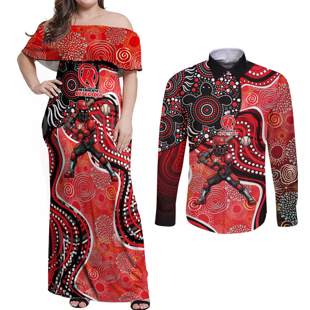 Melbourne Renegades Couples Matching Off Shoulder Maxi Dress and Long Sleeve Button Shirt Indigenous Dot Art Superhero Batter Tribal Pattern