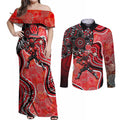 Melbourne Renegades Couples Matching Off Shoulder Maxi Dress and Long Sleeve Button Shirt Indigenous Dot Art Superhero Batter Tribal Pattern