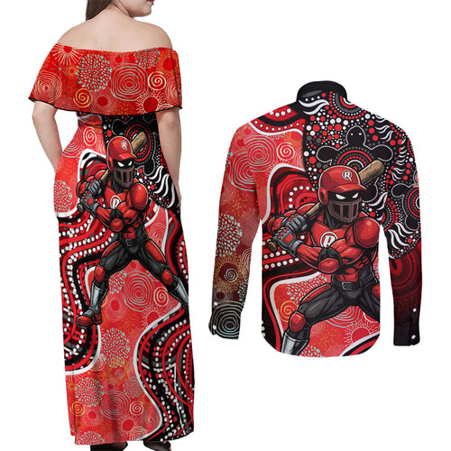 Melbourne Renegades Couples Matching Off Shoulder Maxi Dress and Long Sleeve Button Shirt Indigenous Dot Art Superhero Batter Tribal Pattern