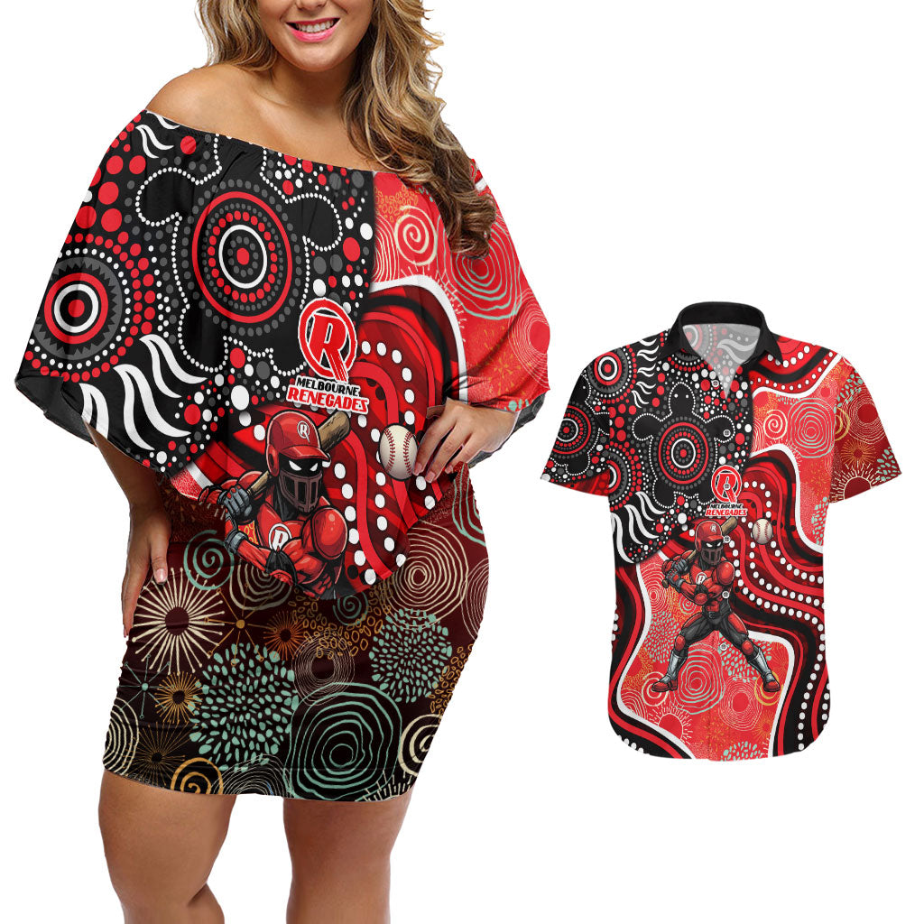 Melbourne Renegades Couples Matching Off Shoulder Short Dress and Hawaiian Shirt Indigenous Dot Art Superhero Batter Tribal Pattern