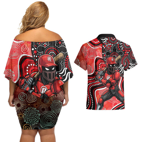 Melbourne Renegades Couples Matching Off Shoulder Short Dress and Hawaiian Shirt Indigenous Dot Art Superhero Batter Tribal Pattern