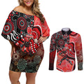 Melbourne Renegades Couples Matching Off Shoulder Short Dress and Long Sleeve Button Shirt Indigenous Dot Art Superhero Batter Tribal Pattern