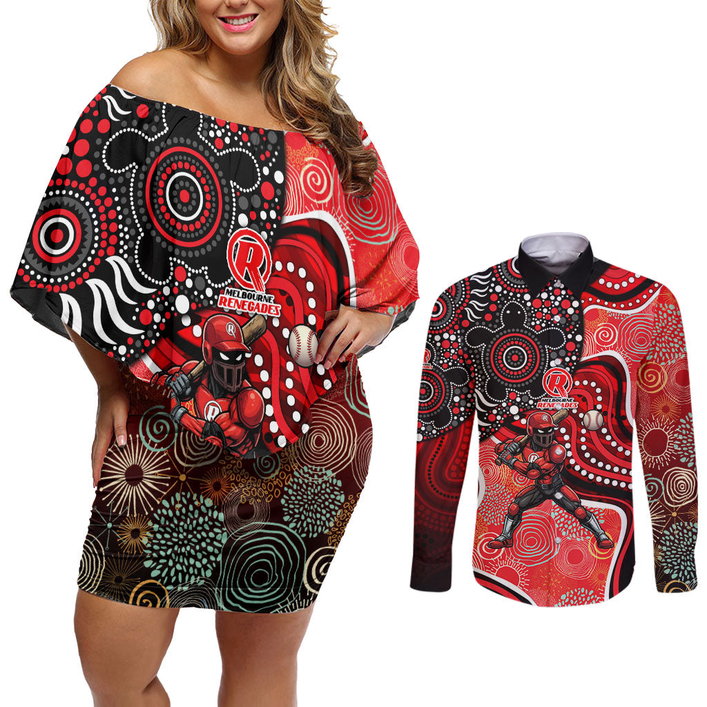 Melbourne Renegades Couples Matching Off Shoulder Short Dress and Long Sleeve Button Shirt Indigenous Dot Art Superhero Batter Tribal Pattern