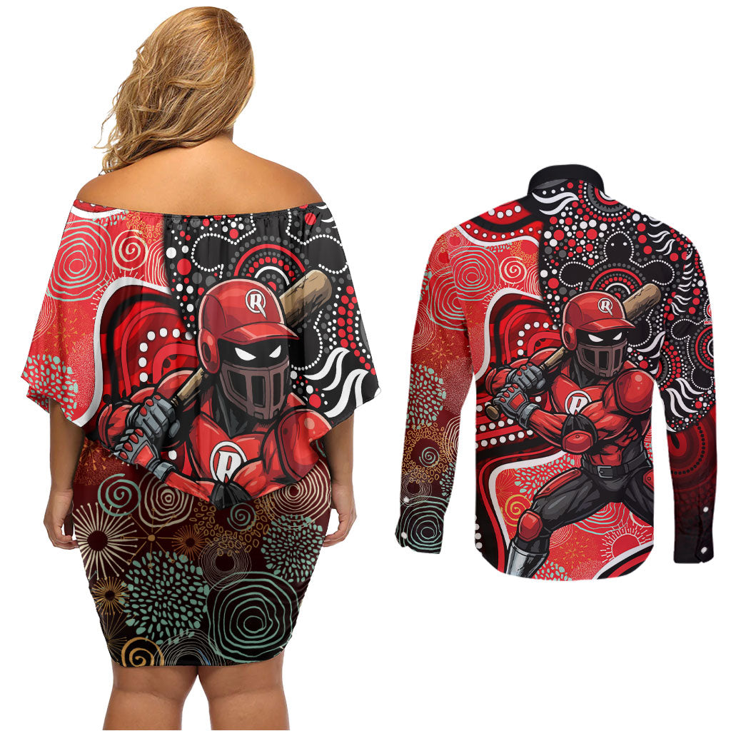 Melbourne Renegades Couples Matching Off Shoulder Short Dress and Long Sleeve Button Shirt Indigenous Dot Art Superhero Batter Tribal Pattern