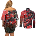 Melbourne Renegades Couples Matching Off Shoulder Short Dress and Long Sleeve Button Shirt Indigenous Dot Art Superhero Batter Tribal Pattern