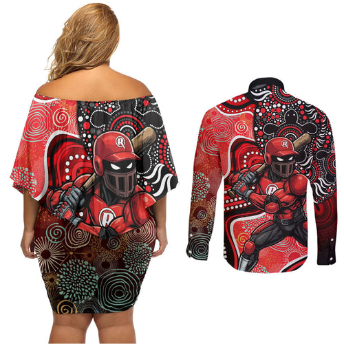 Melbourne Renegades Couples Matching Off Shoulder Short Dress and Long Sleeve Button Shirt Indigenous Dot Art Superhero Batter Tribal Pattern