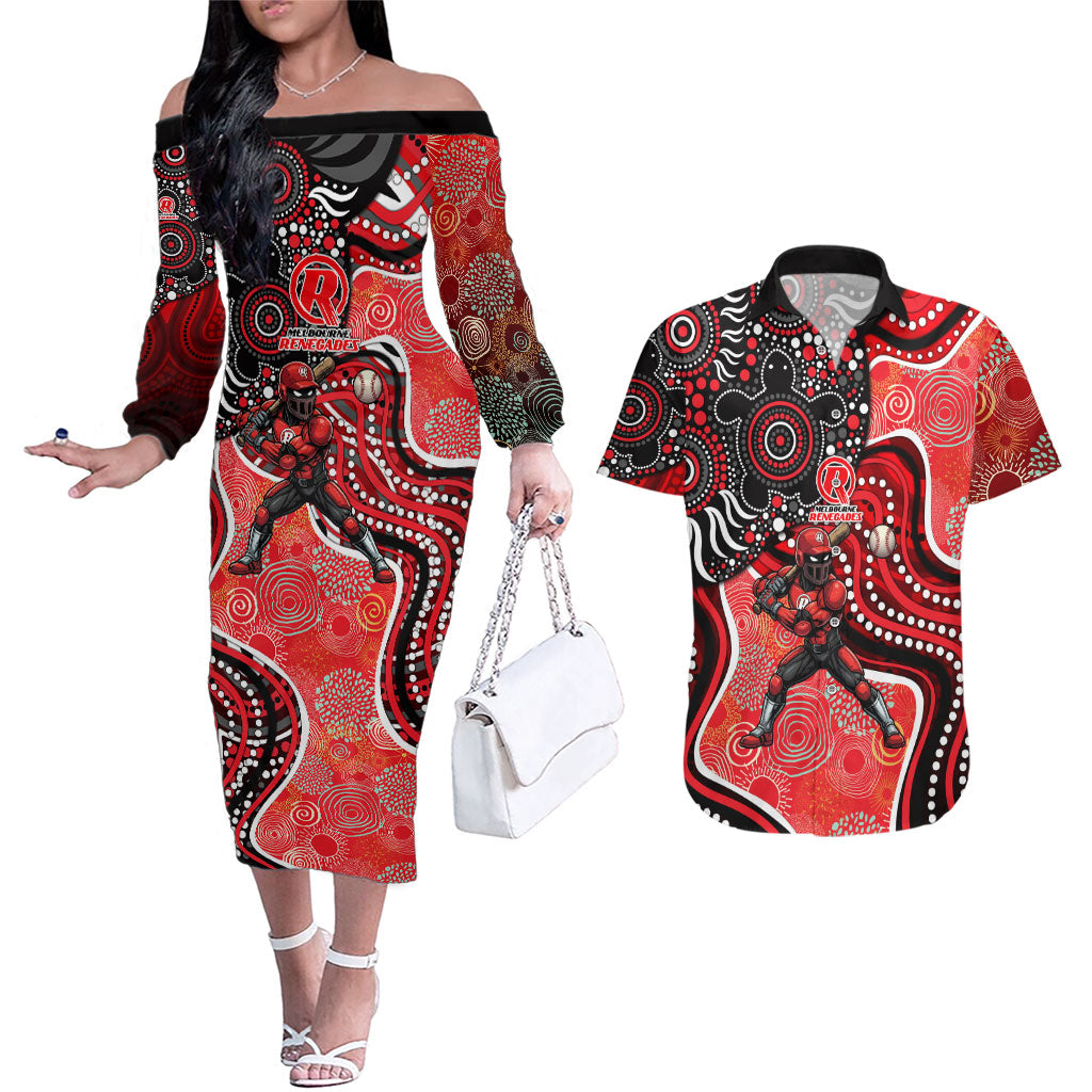 Melbourne Renegades Couples Matching Off The Shoulder Long Sleeve Dress and Hawaiian Shirt Indigenous Dot Art Superhero Batter Tribal Pattern