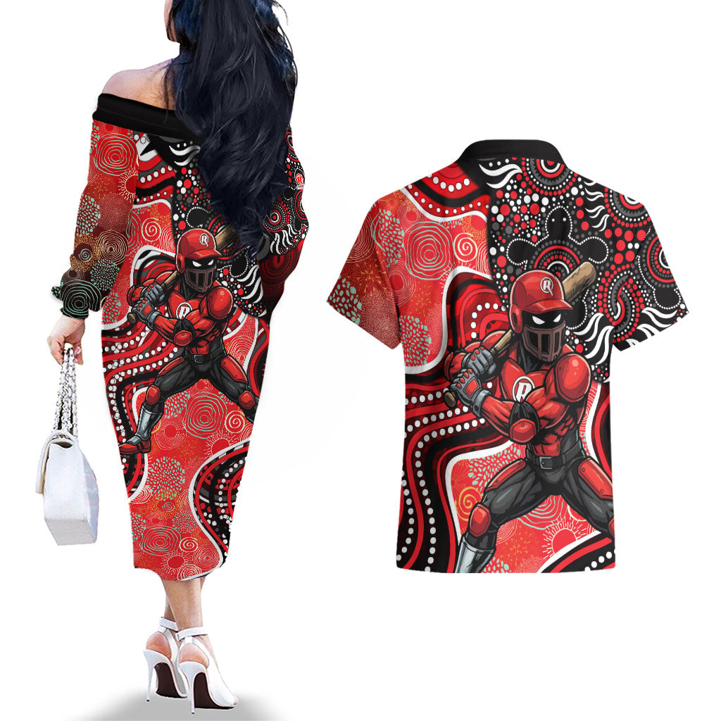 Melbourne Renegades Couples Matching Off The Shoulder Long Sleeve Dress and Hawaiian Shirt Indigenous Dot Art Superhero Batter Tribal Pattern