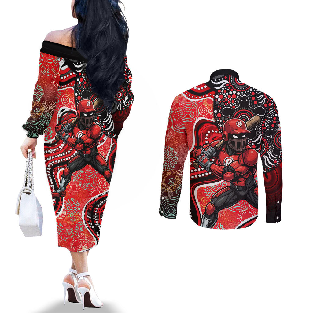 Melbourne Renegades Couples Matching Off The Shoulder Long Sleeve Dress and Long Sleeve Button Shirt Indigenous Dot Art Superhero Batter Tribal Pattern