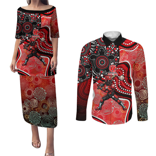 Melbourne Renegades Couples Matching Puletasi and Long Sleeve Button Shirt Indigenous Dot Art Superhero Batter Tribal Pattern