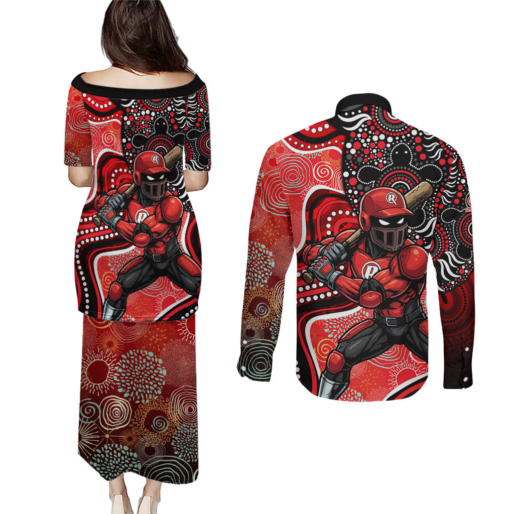 Melbourne Renegades Couples Matching Puletasi and Long Sleeve Button Shirt Indigenous Dot Art Superhero Batter Tribal Pattern