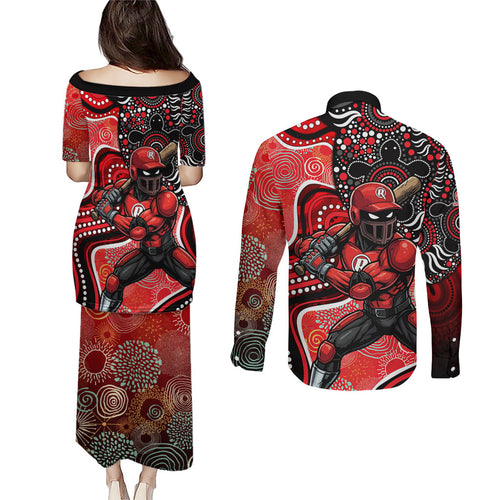 Melbourne Renegades Couples Matching Puletasi and Long Sleeve Button Shirt Indigenous Dot Art Superhero Batter Tribal Pattern
