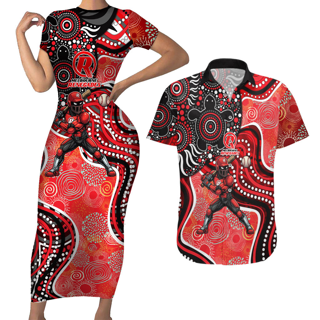 Melbourne Renegades Couples Matching Short Sleeve Bodycon Dress and Hawaiian Shirt Indigenous Dot Art Superhero Batter Tribal Pattern