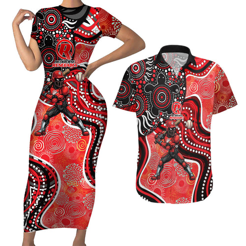 Melbourne Renegades Couples Matching Short Sleeve Bodycon Dress and Hawaiian Shirt Indigenous Dot Art Superhero Batter Tribal Pattern