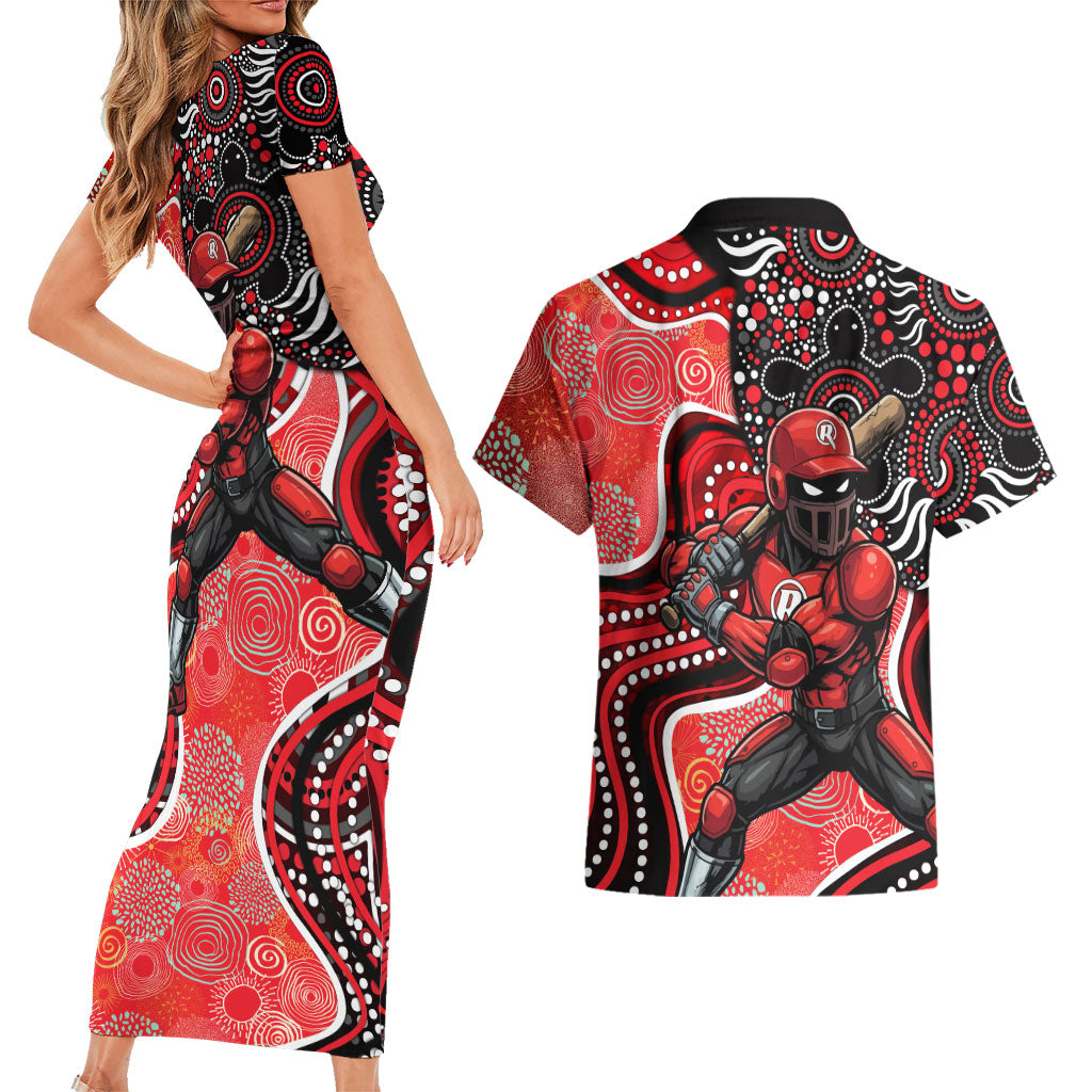 Melbourne Renegades Couples Matching Short Sleeve Bodycon Dress and Hawaiian Shirt Indigenous Dot Art Superhero Batter Tribal Pattern