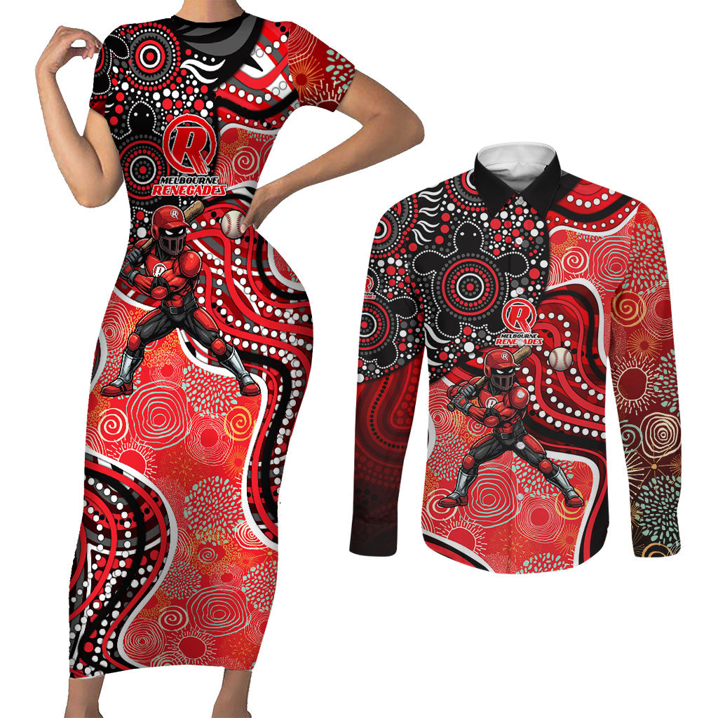 Melbourne Renegades Couples Matching Short Sleeve Bodycon Dress and Long Sleeve Button Shirt Indigenous Dot Art Superhero Batter Tribal Pattern