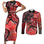 Melbourne Renegades Couples Matching Short Sleeve Bodycon Dress and Long Sleeve Button Shirt Indigenous Dot Art Superhero Batter Tribal Pattern