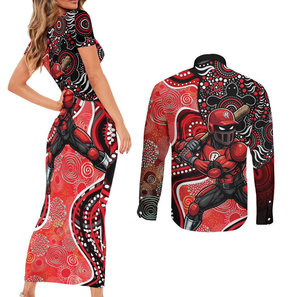 Melbourne Renegades Couples Matching Short Sleeve Bodycon Dress and Long Sleeve Button Shirt Indigenous Dot Art Superhero Batter Tribal Pattern