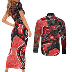 Melbourne Renegades Couples Matching Short Sleeve Bodycon Dress and Long Sleeve Button Shirt Indigenous Dot Art Superhero Batter Tribal Pattern