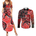Melbourne Renegades Couples Matching Summer Maxi Dress and Long Sleeve Button Shirt Indigenous Dot Art Superhero Batter Tribal Pattern